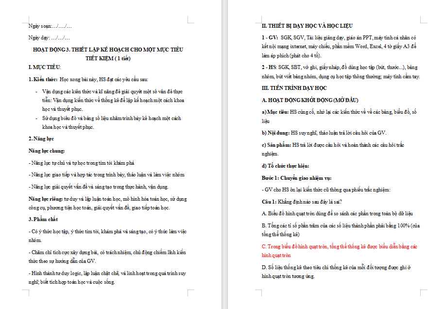  Hoạt động 3: Thiết lập kế hoạch cho một mục tiêu tiết kiệm  