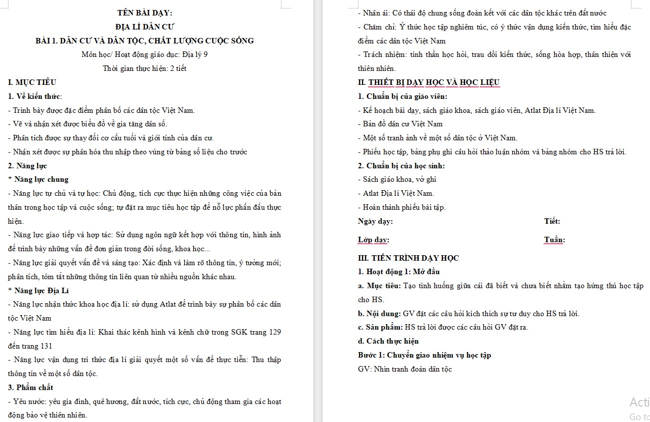 Giáo án Bài Dân cư và dân tộc, chất lượng cuộc sống Địa lí 9 Chân trời sáng tạo