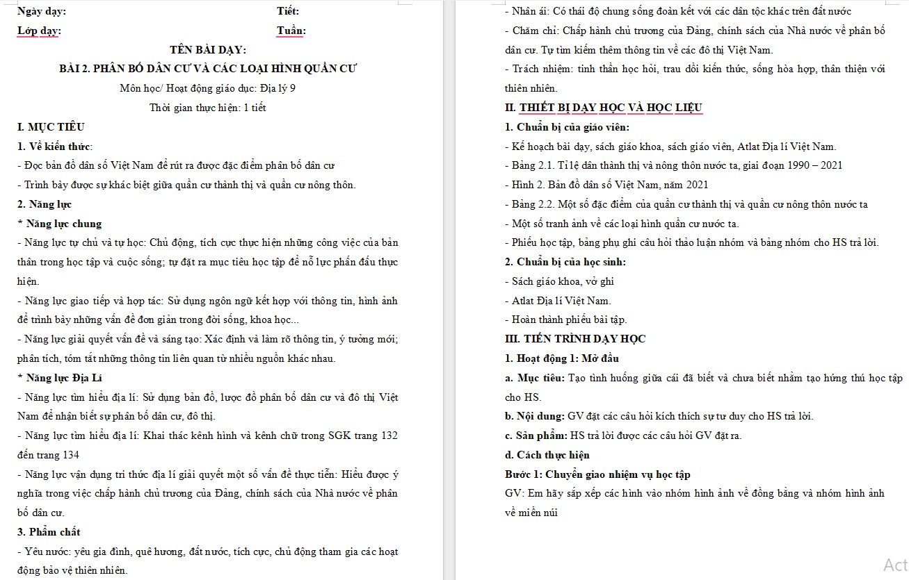 Giáo án Bài Phân bố dân cư và các loại hình quần cư Địa lí 9 Chân trời sáng tạo