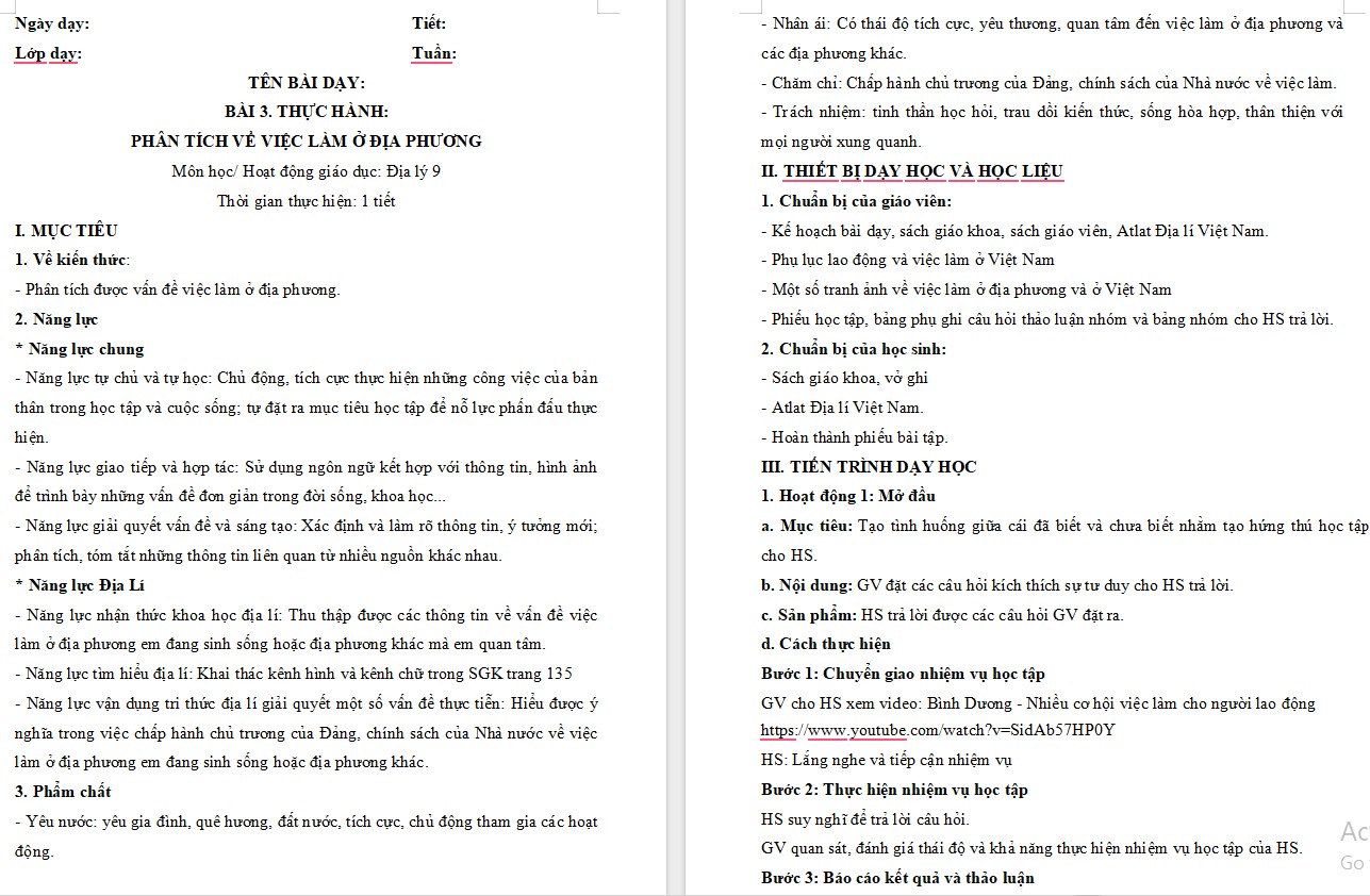 Giáo án Bài Thực hành Phân tích vấn đề việc làm ở địa phương Địa lí 9 Chân trời sáng tạo