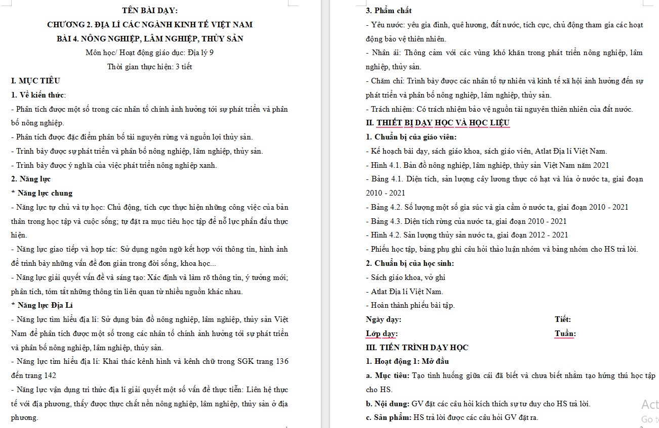 Giáo án Bài Nông nghiệp, lâm nghiệp, thuỷ sản Địa lí 9 Chân trời sáng tạo