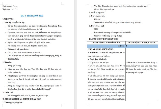 Giáo án Tiếng Việt 2 Bài 2: Đọc Thời khoá biểu