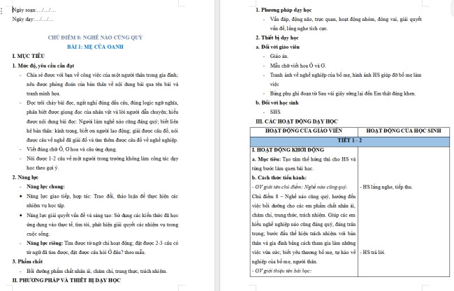 Giáo án Tiếng Việt 2 Bài 1: Đọc Mẹ của Oanh