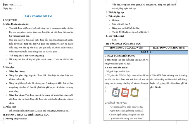 Giáo án Tiếng Việt 2 Bài 3: Đọc Cô giáo lớp em