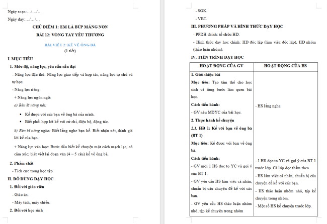Giáo án Tiếng Việt 2 Bài 12: Viết về ông bà