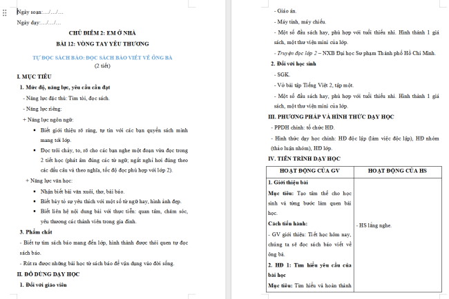 Giáo án Tiếng Việt 2 Bài 12: Đọc sách báo viết về ông bà