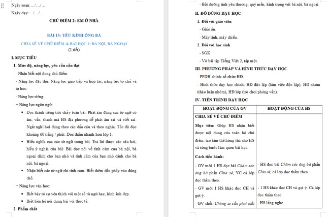 Giáo án Tiếng Việt 2 Bài 13: Bà nội, bà ngoại