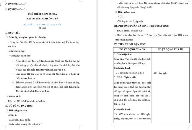 Giáo án Tiếng Việt 2 Bài 13: Nghe - viết Bà nội, bà ngoại, Chữ hoa L