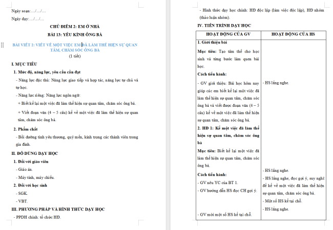 Giáo án Tiếng Việt 2 Bài 13: Viết về một việc em đã làm thể hiện sự quan tâm, chăm sóc ông bà