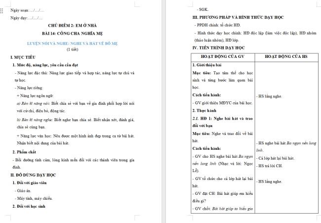 Giáo án Tiếng Việt 2 Bài 14: Nghe - trao đổi về nội dung bài hát Ba ngọn nến lung linh