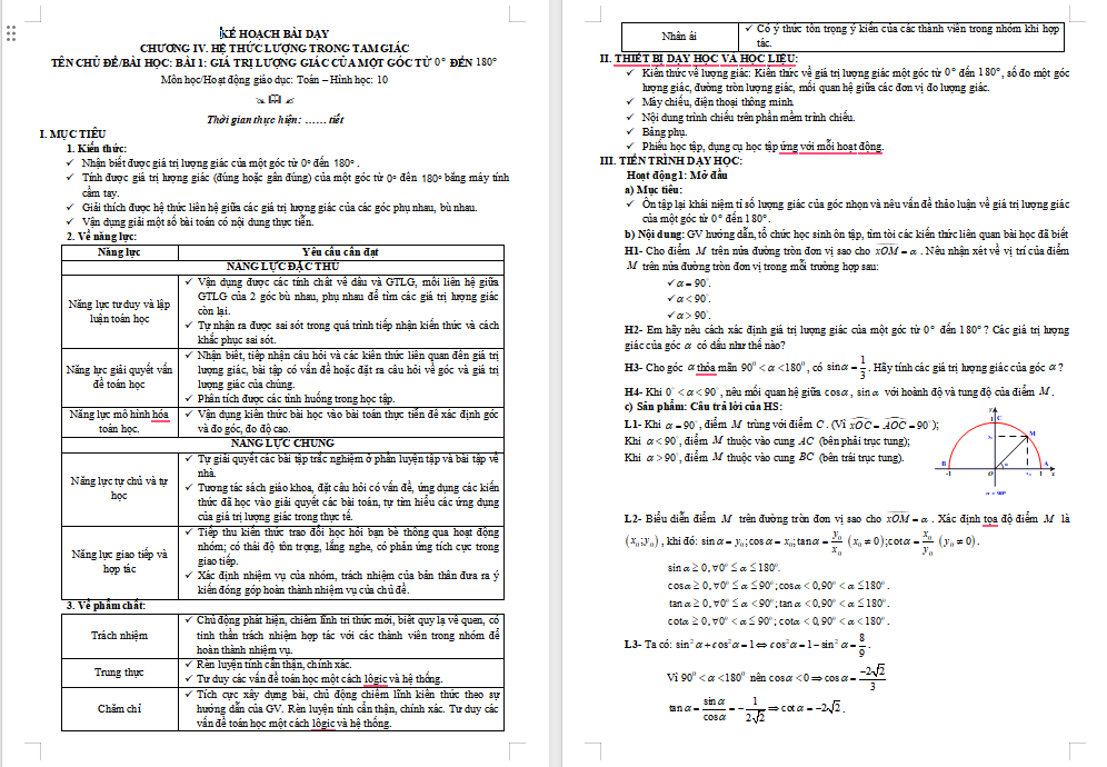 Giá trị lượng giác của một góc từ 0° đến 180°