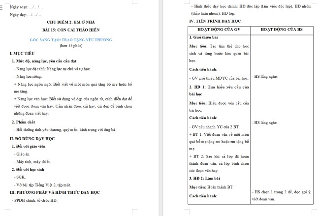 Giáo án Tiếng Việt 2 Bài 15: Trao tặng yêu thương