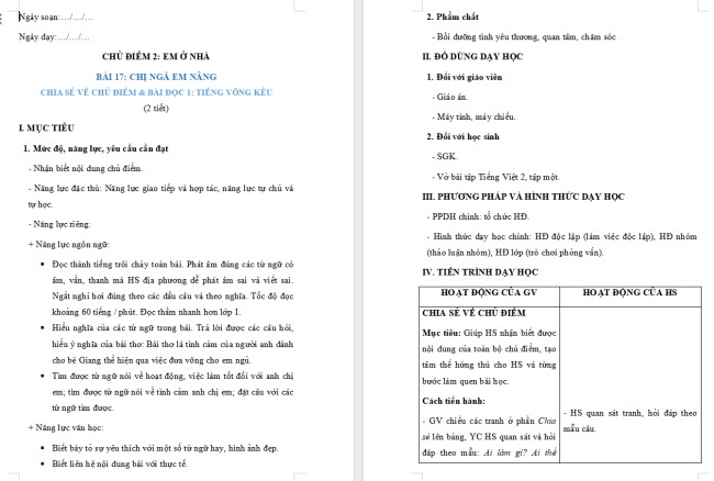 Giáo án Tiếng Việt 2 Bài 17: Tiếng võng kêu