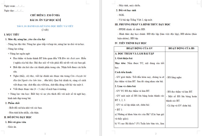 Giáo án Tiếng Việt 2 Bài 18: Ôn tập cuối học kì 1 (Tiết 9, 10)