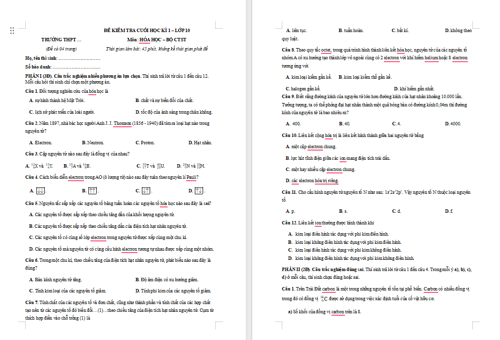 Đề thi học kì 1 Hóa học 10 Chân trời sáng tạo