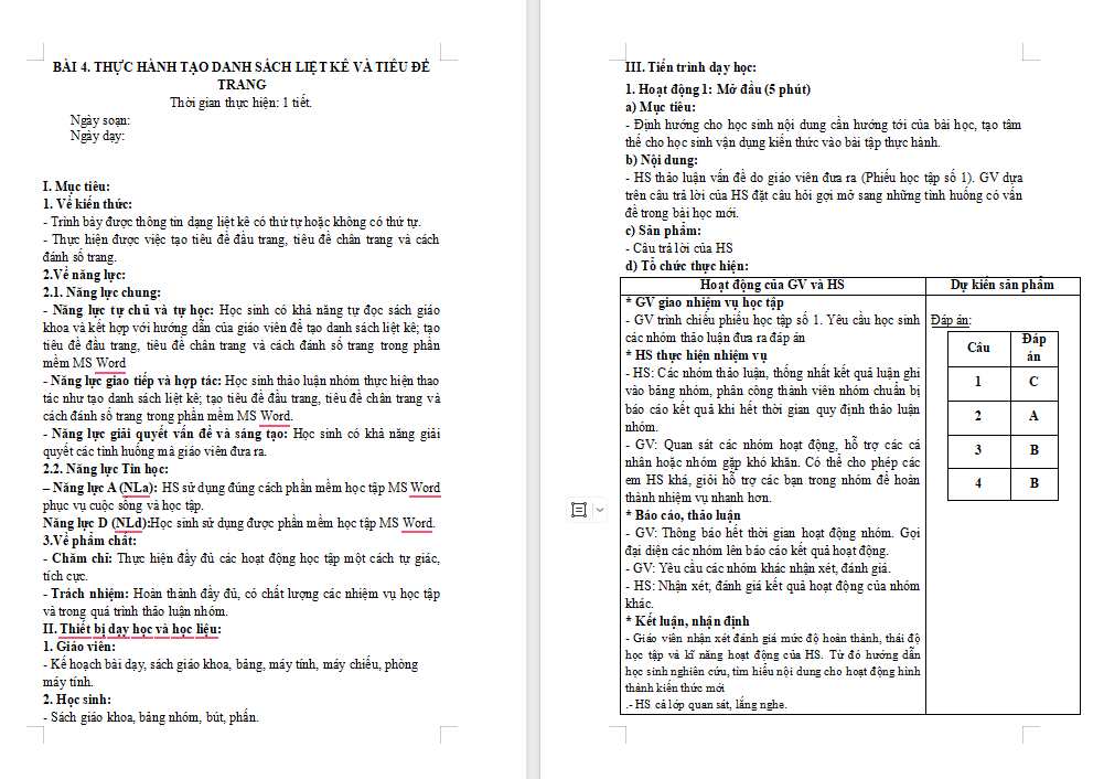 Thực hành tạo danh sách liệt kê và tiêu đề trang