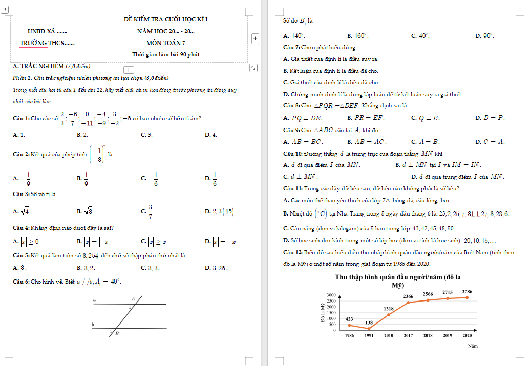 Đáp án đề thi cuối kì 1 Toán 7