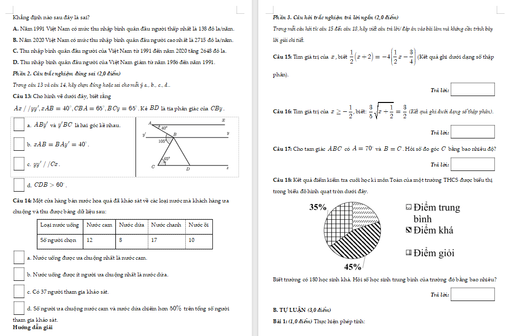 Đáp án đề thi cuối kì 1 Toán 7