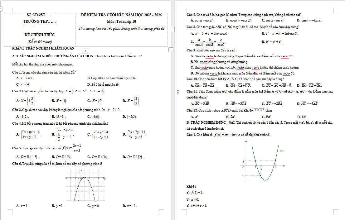 Đề thi cuối kì 1 Toán 10 Cánh diều