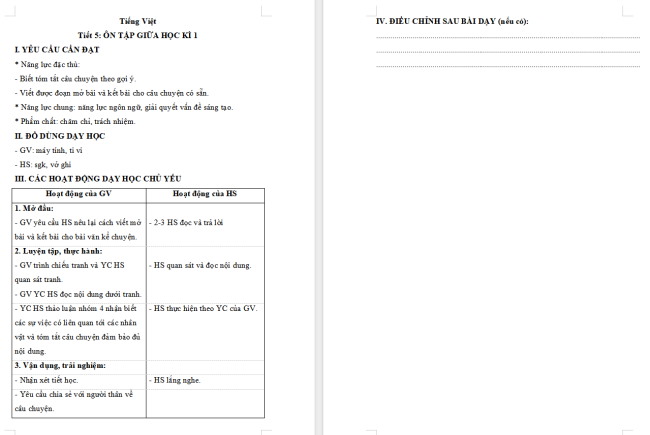 Giáo án Tiếng Việt 4 Ôn tập và đánh giá giữa học kì 1 (Tiết 5)