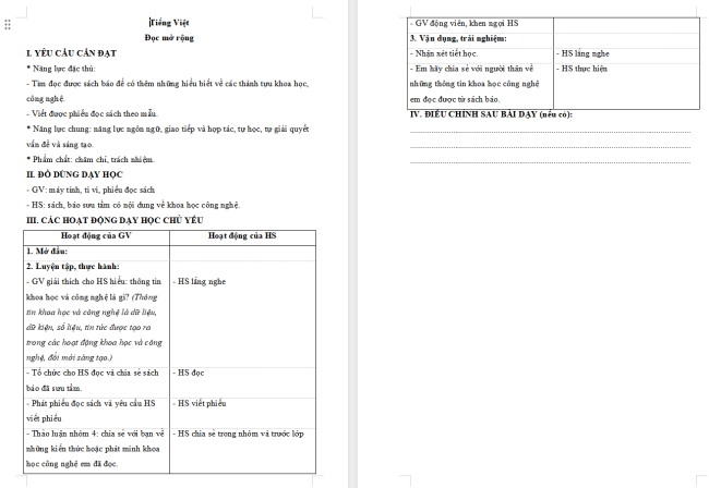 Giáo án Tiếng Việt 4 Bài 20: Đọc mở rộng