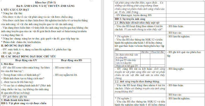 Giáo án Khoa học 4: Ánh sáng và sự truyền ánh sáng
