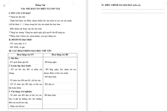 Giáo án Tiếng Việt 4 Bài 30: Trả bài văn miêu tả con vật