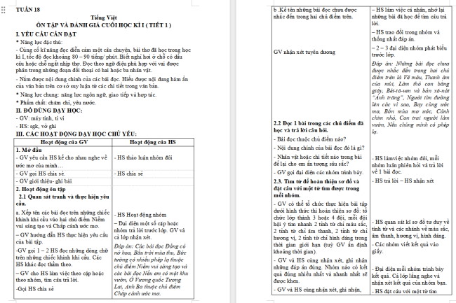 Giáo án Tiếng Việt 4 Ôn tập và đánh giá cuối học kì 1 (Tiết 1, 2)