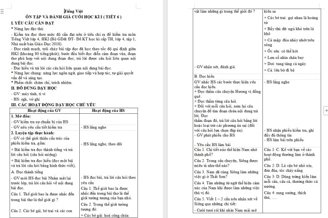 Giáo án Tiếng Việt 4 Ôn tập và đánh giá cuối học kì 1 (Tiết 6, 7)