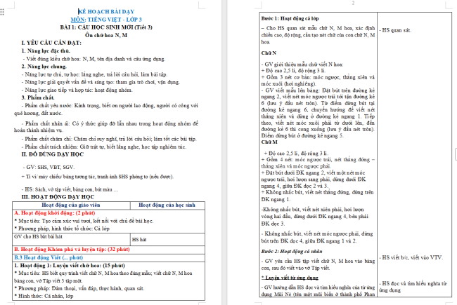 Giáo án Tiếng Việt 3 Bài 1: Ôn chữ hoa N, M