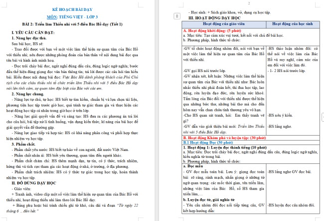 Giáo án Tiếng Việt 3 Bài 2: Triển lãm Thiếu nhi với 5 điều Bác Hồ dạy