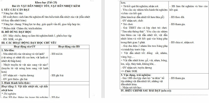 Giáo án Khoa học 4: Vật dẫn nhiệt tốt, vật dẫn nhiệt kém