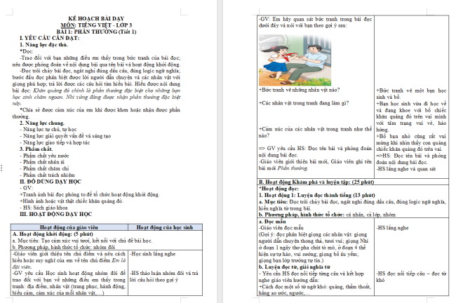 Giáo án Tiếng Việt 3 Bài 1: Phần thưởng