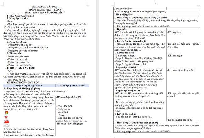 Giáo án Tiếng Việt 3 Bài 2: Đơn xin vào đội