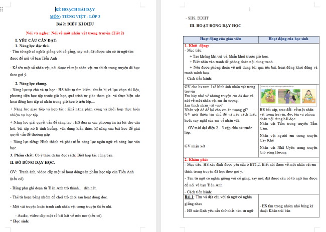 Giáo án Tiếng Việt 3 Bài 2: Nói về một nhân vật trong truyện