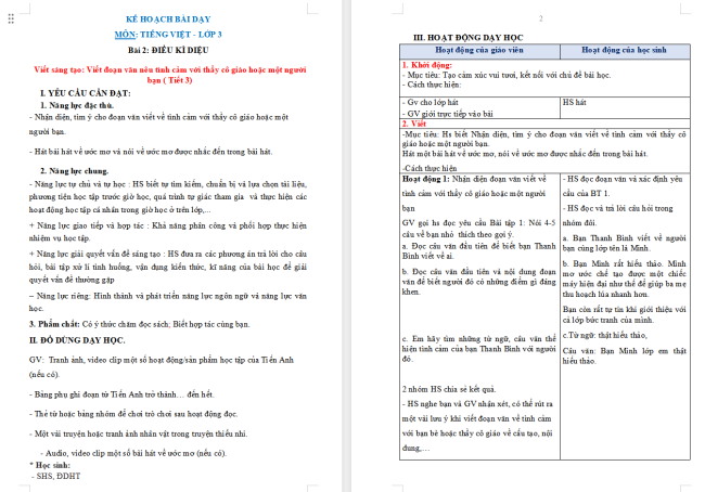  Giáo án Tiếng Việt 3 Bài 2: Viết đoạn văn nêu tình cảm với thầy cô giáo hoặc một người bạn
