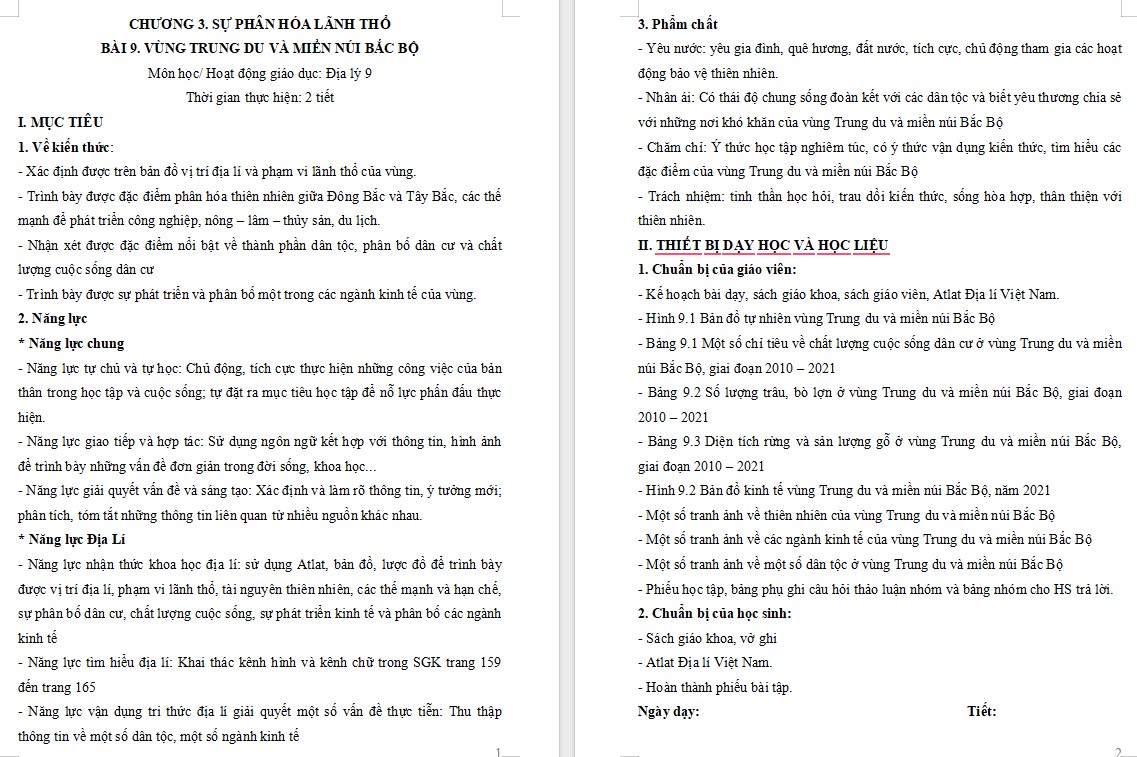 Giáo án Bài 9: Vùng Trung du và miền núi Bắc Bộ Địa lí 9 Chân trời sáng tạo