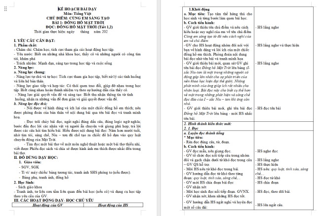 Giáo án Tiếng Việt 3 Bài 1: Đồng hồ mặt trời
