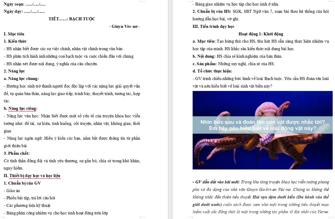 Giáo án Bài Bạch tuộc Ngữ văn 7 Cánh Diều