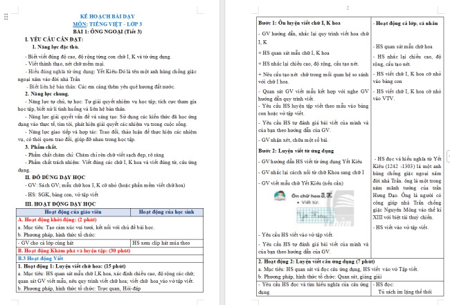 Giáo án Tiếng Việt 3 Bài 1: Ôn chữ hoa I, K