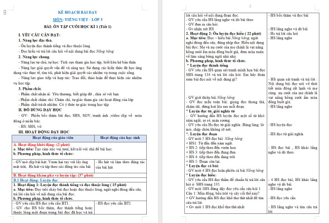 Giáo án Tiếng Việt 3 Ôn tập cuối học kì I (Tiết 1)