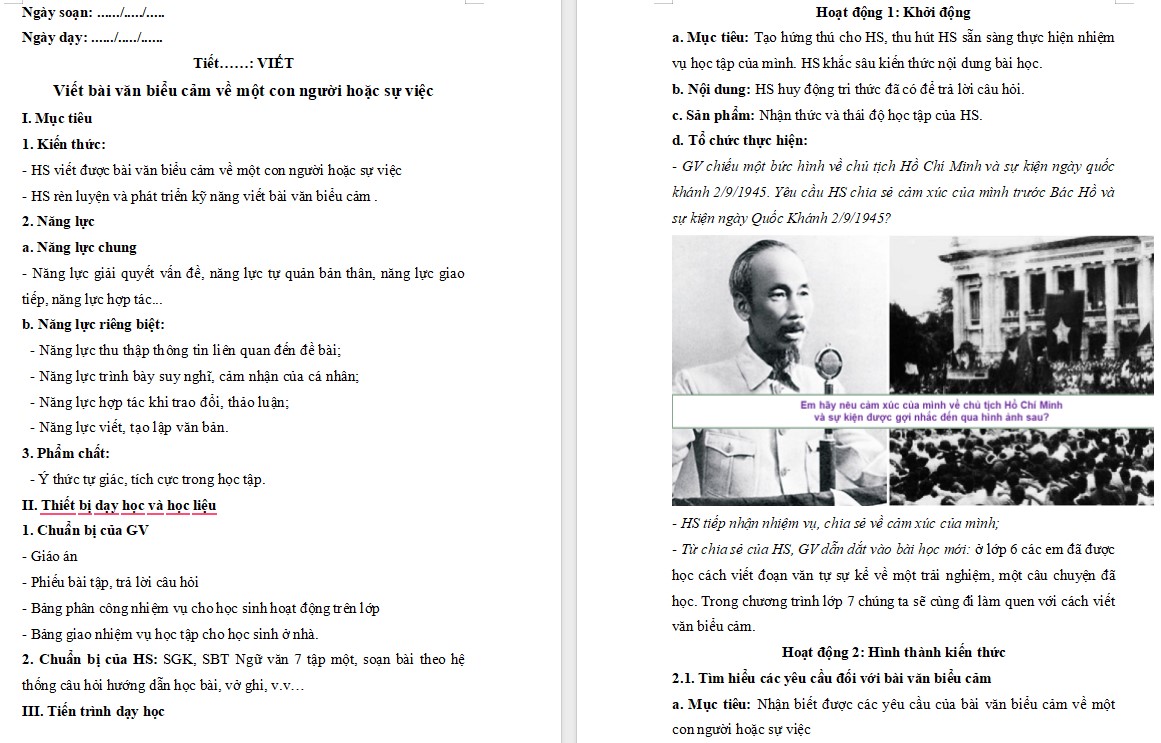 Giáo án Bài Viết bài văn biểu cảm về một con người hoặc sự việc Ngữ văn 7 Cánh Diều