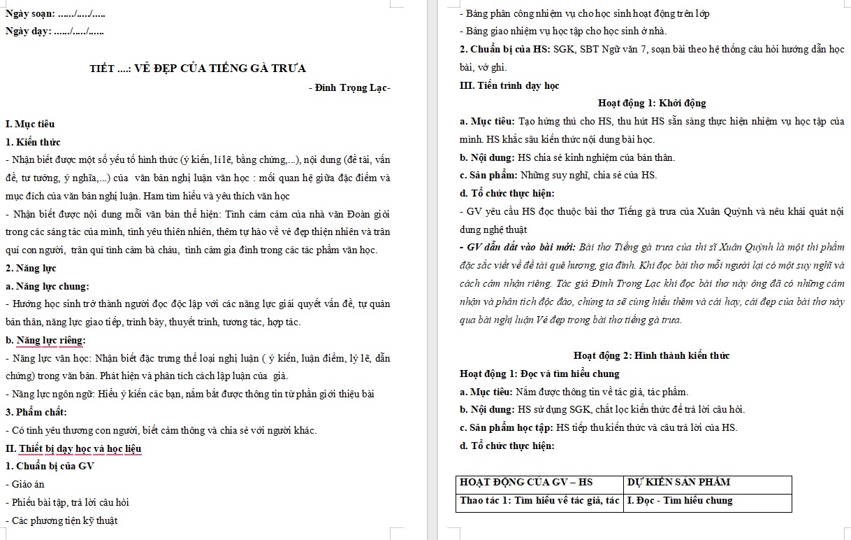 Giáo án Bài Vẻ đẹp của bài thơ Tiếng gà trưa Ngữ văn 7 Cánh Diều