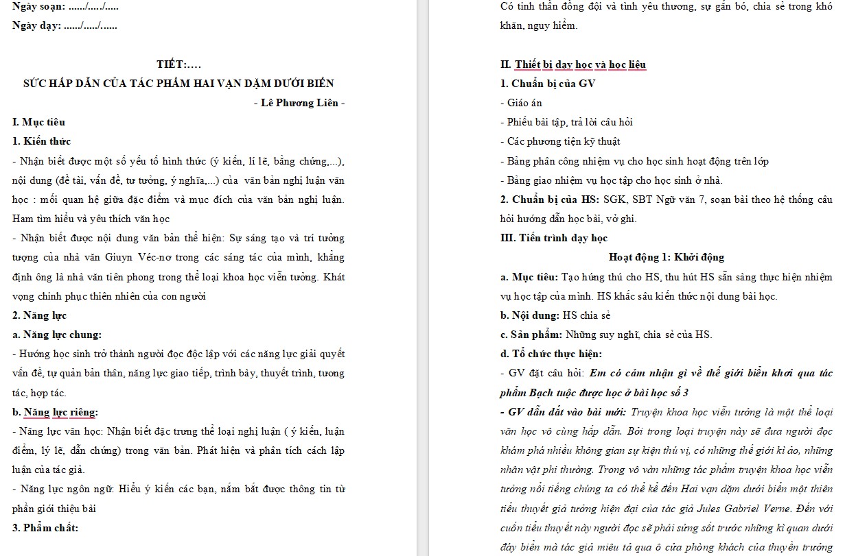 Giáo án Bài Sức hấp dẫn của tác phẩm "Hai vạn dặm dưới đáy biển" Ngữ văn 7 Cánh Diều