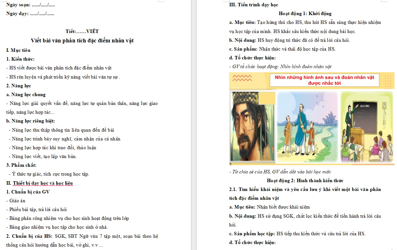 Giáo án Bài Viết bài văn phân tích đặc điểm nhân vật Ngữ văn 7 Cánh Diều