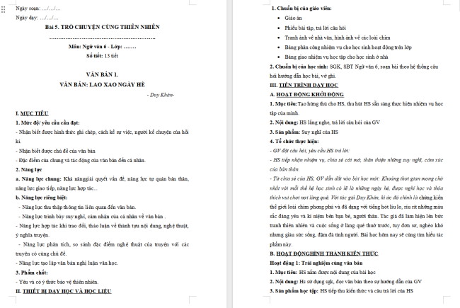 Giáo án Văn 6 Bài 5: Lao xao ngày hè