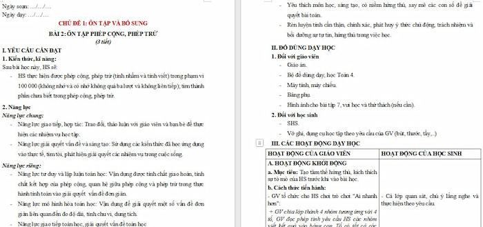 Giáo án Toán 4: Ôn tập các phép cộng, phép trừ