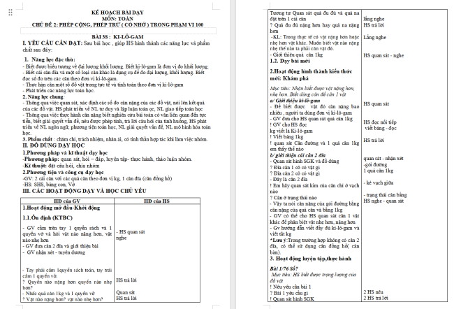 Giáo án Toán 2 Ki-lô-gam