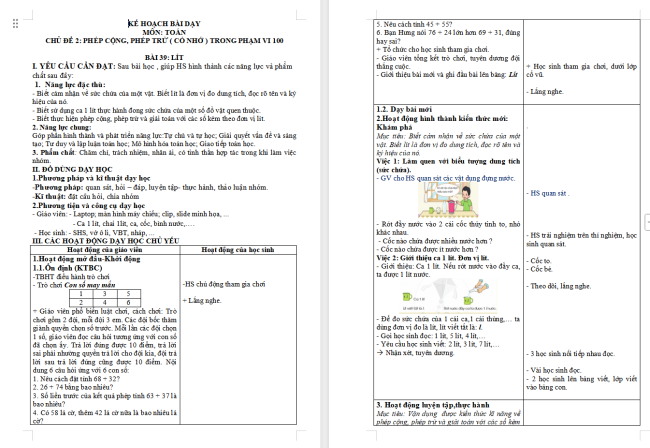 Giáo án Toán 2 Lít