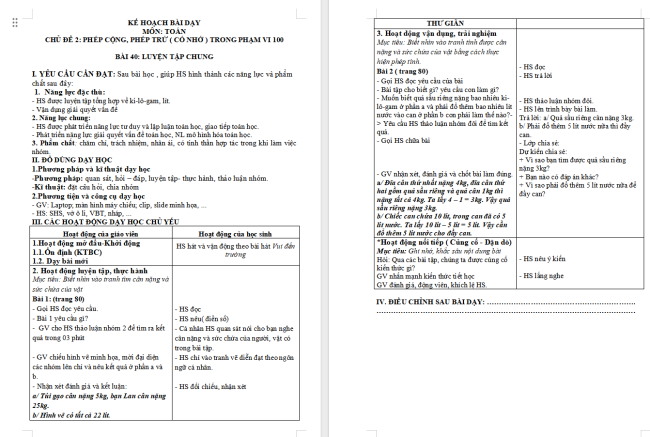 Giáo án Toán 2 Luyện tập chung trang 80